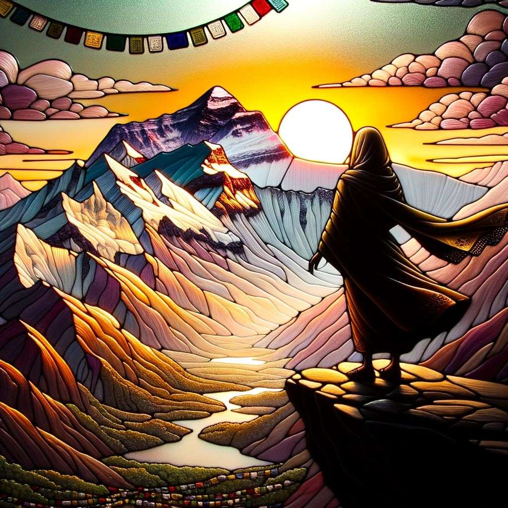 someone gazing at Mount Everest, glass painting